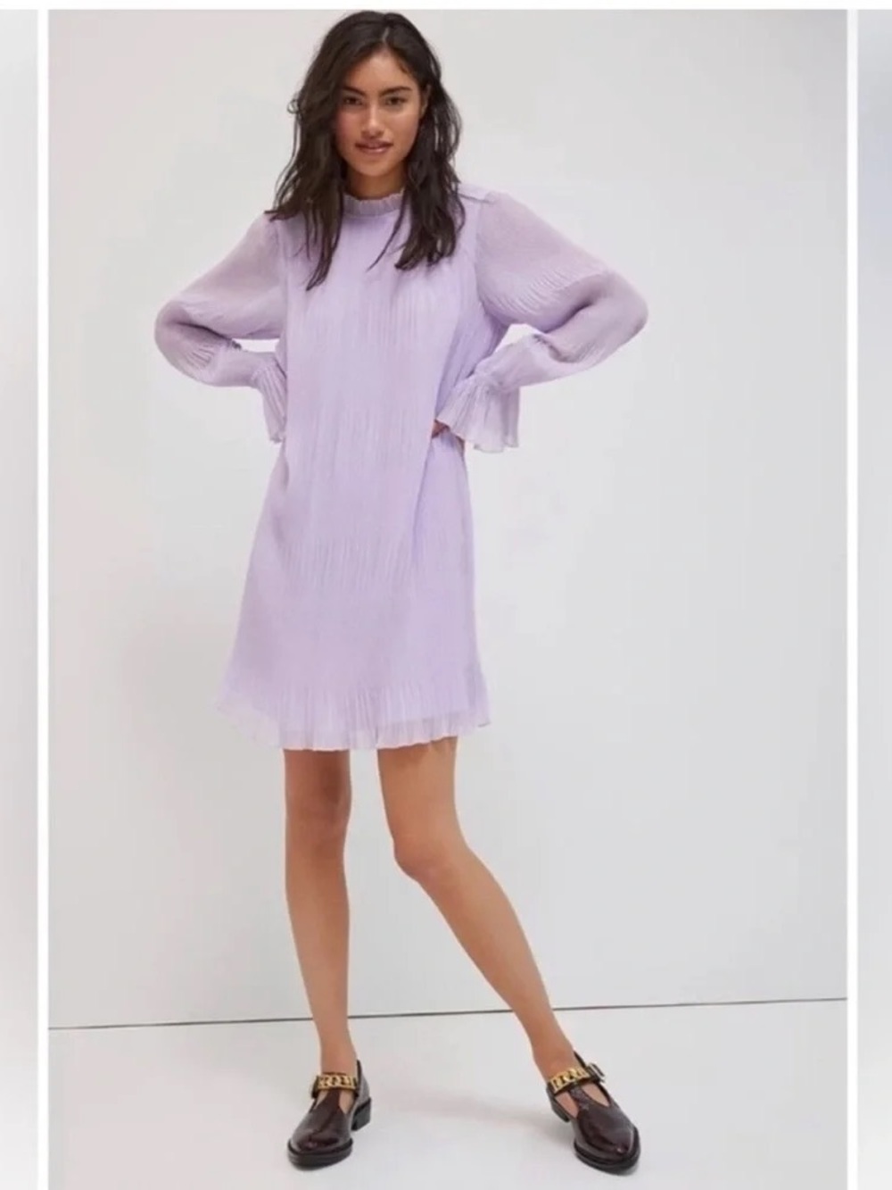 Lilac Pleated Long-Sleeve Mini Dress - Women's
